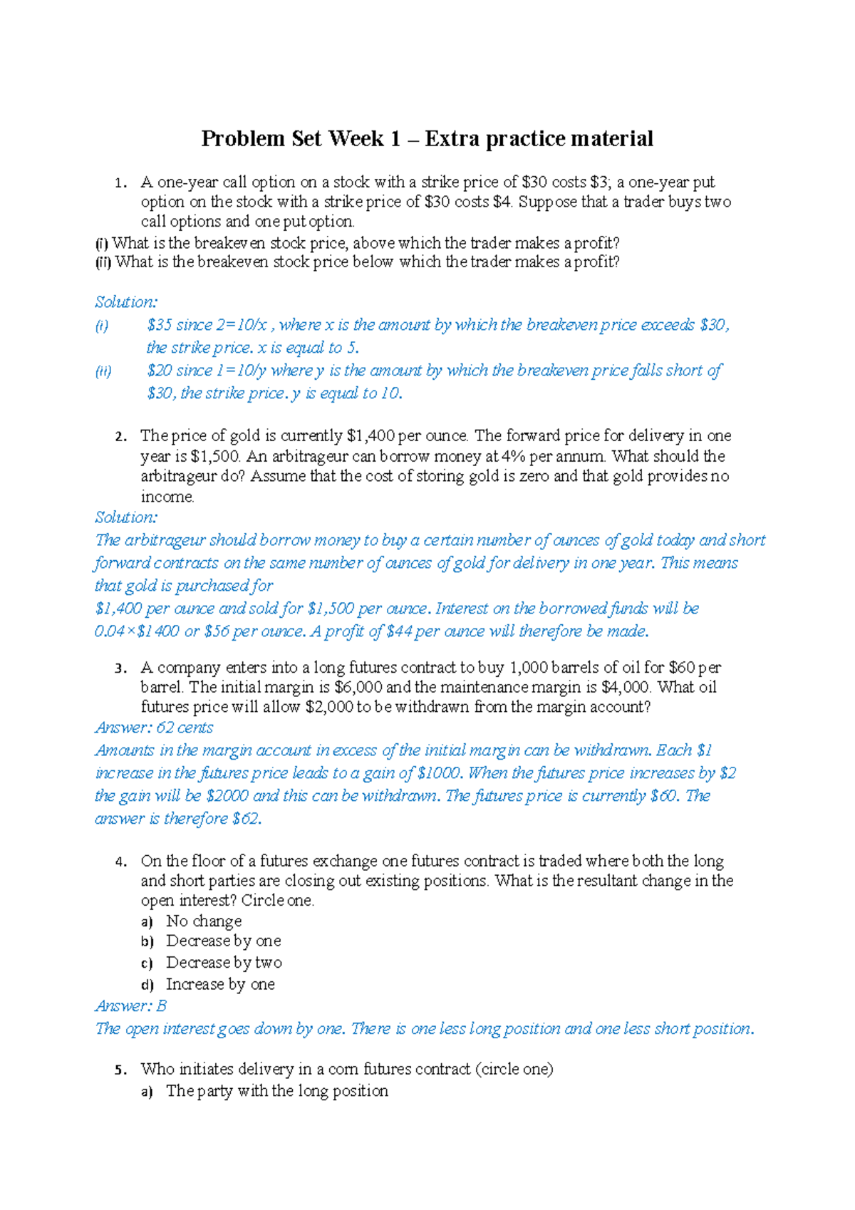 Problem Set 1: Options and Futures Practice Questions - Studeersnel