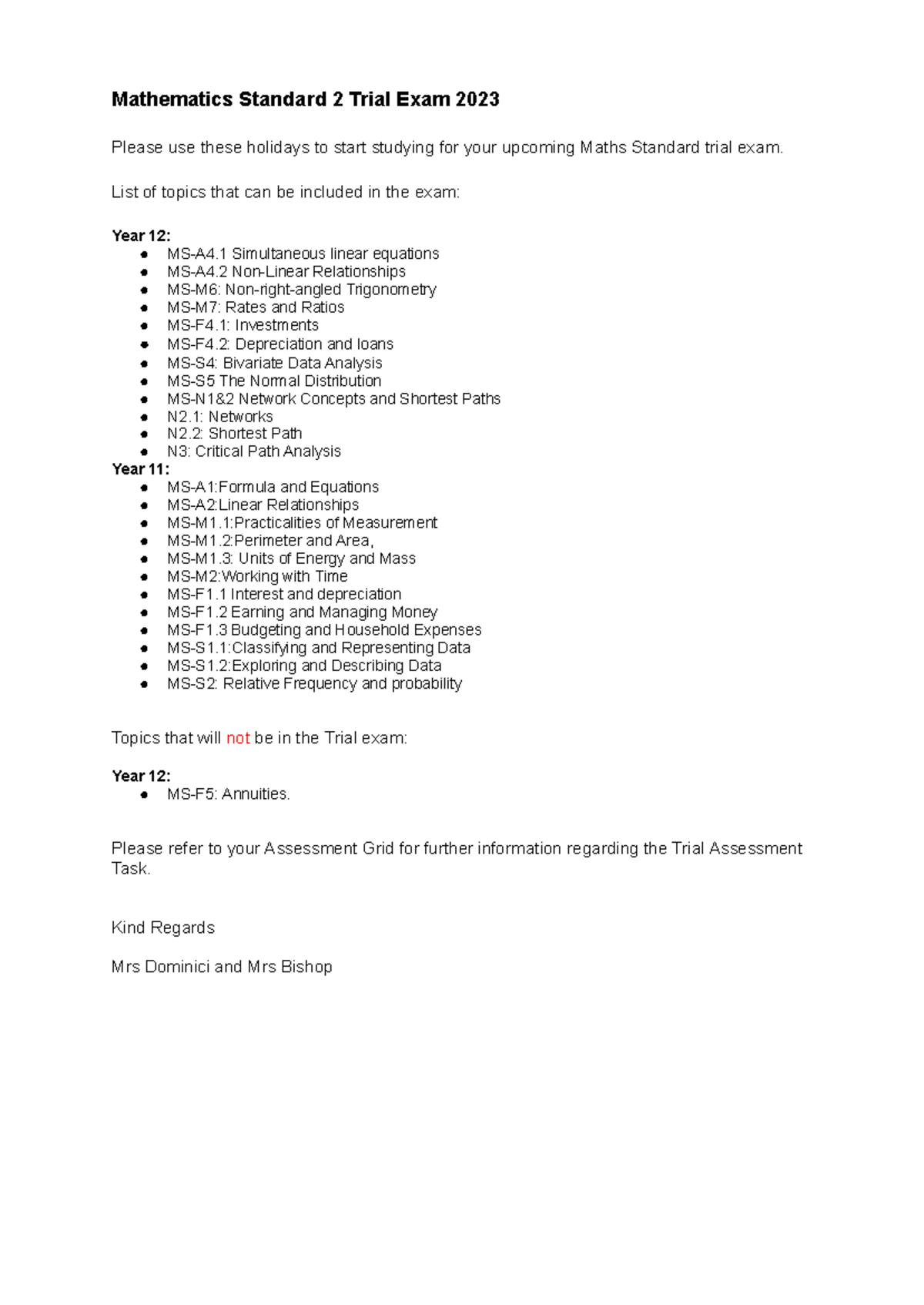 Student Letter for Mathematics Standard 2 Trial Exam 2023 - Mathematics ...