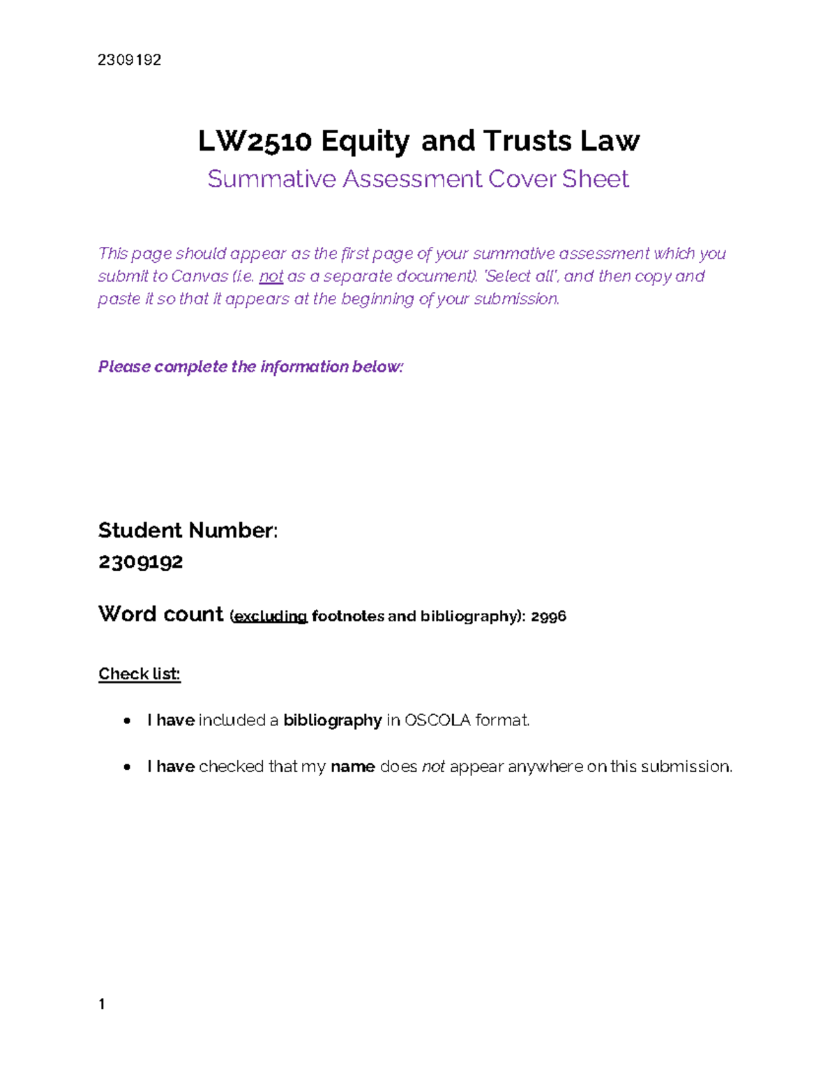 LW2510 Equity and Trusts Law: Summative Assessment Overview - Studocu
