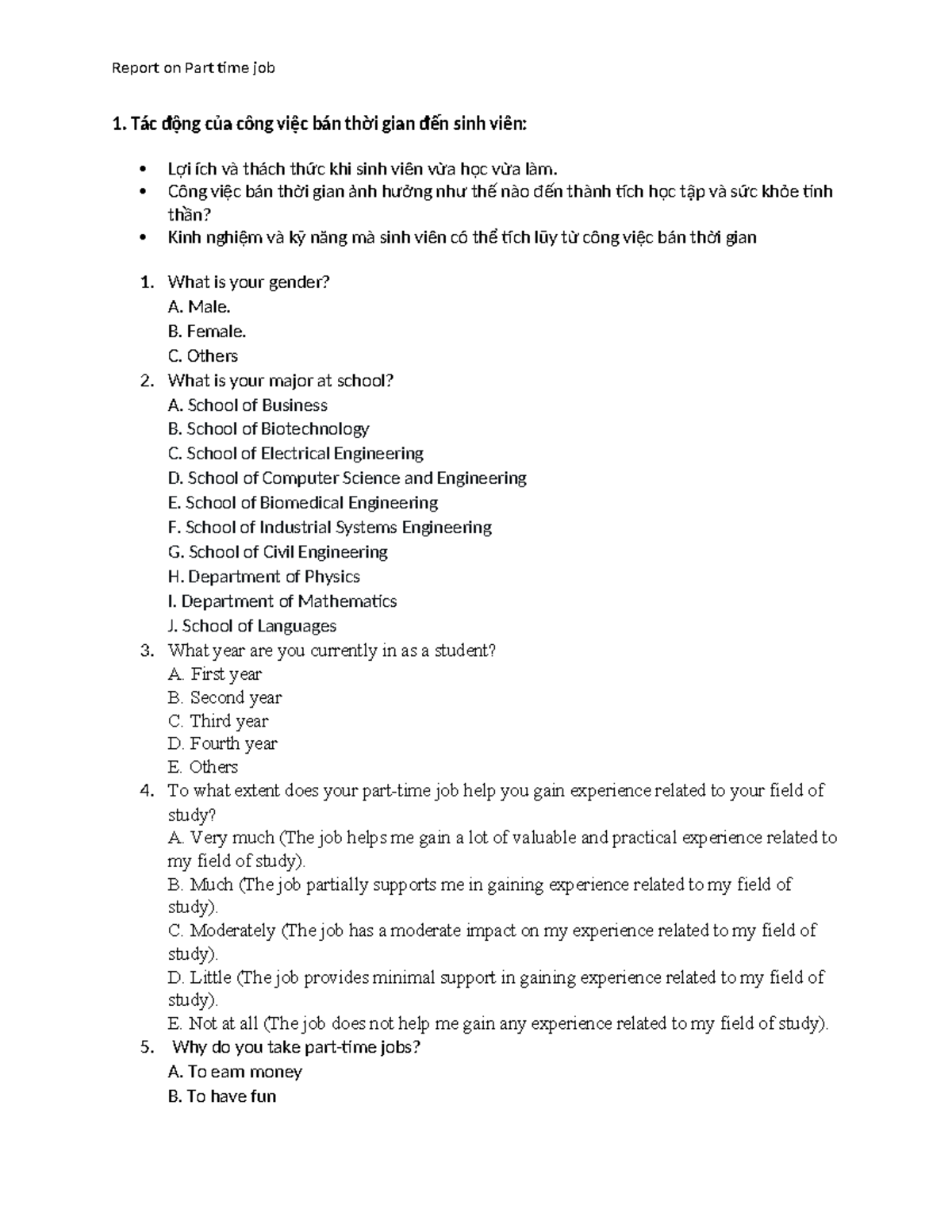 Questionare for AE2 writing research on part time job - Report on Part ...