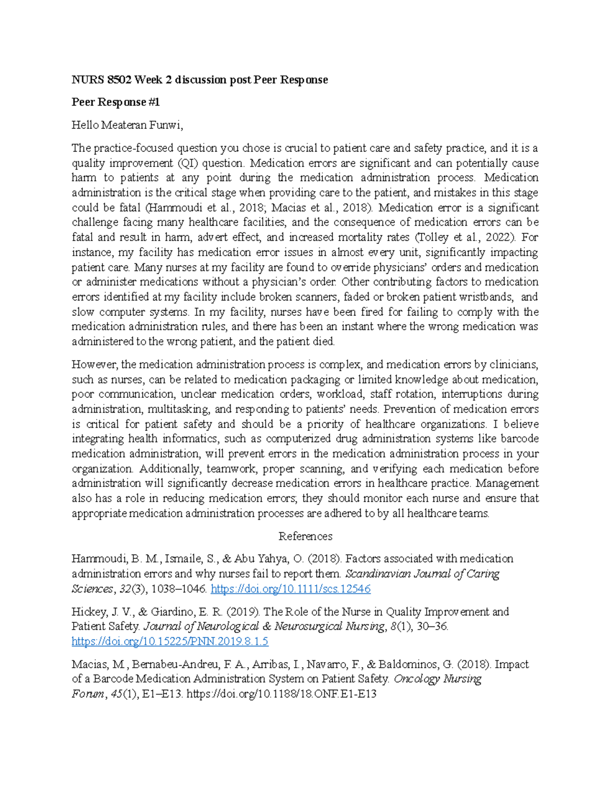 NURS 8502 Week 2 discussion post Peer Response - NURS 8502 Week 2 ...