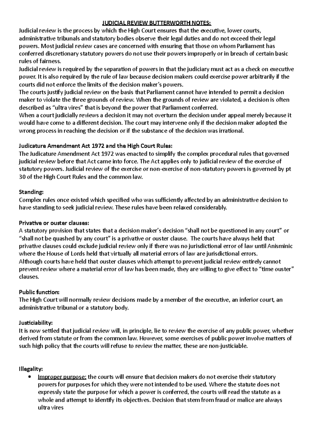 Judicial Review Notes - Key Concepts & Principles Explained - Studocu
