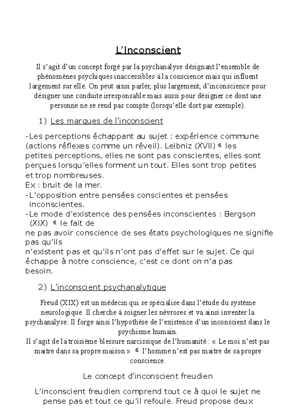 L'Inconscient en Psychanalyse - Cours sur Freud et ses Critiques - Studocu