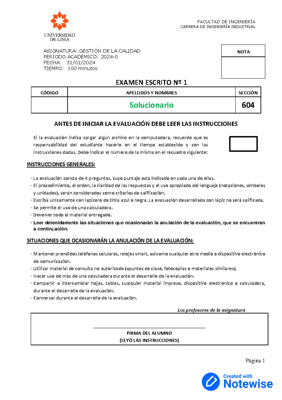 Solucionario de Examen Escrito Nº 1 - Gestión de la Calidad 604 - Document Preview