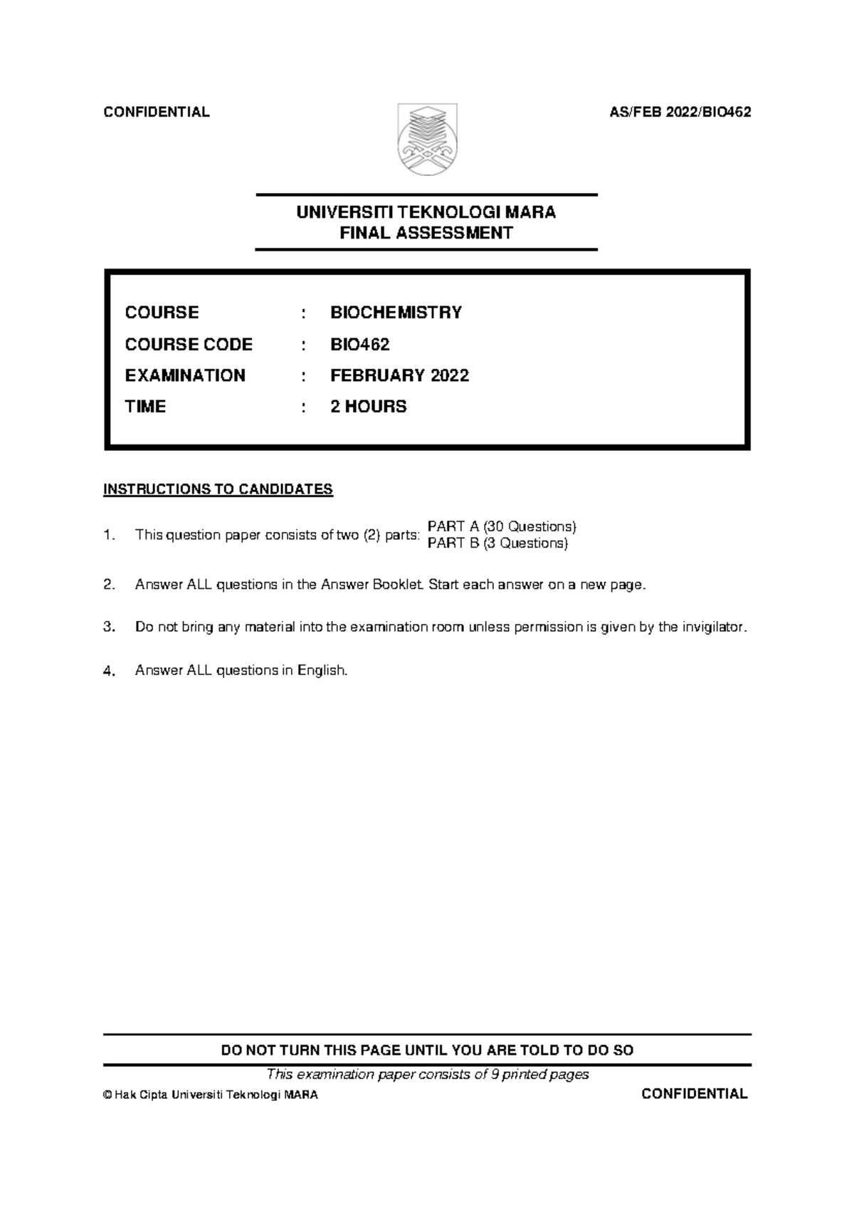 BIO462 - Final Assessment Practice for Biochemistry Exam - Studocu