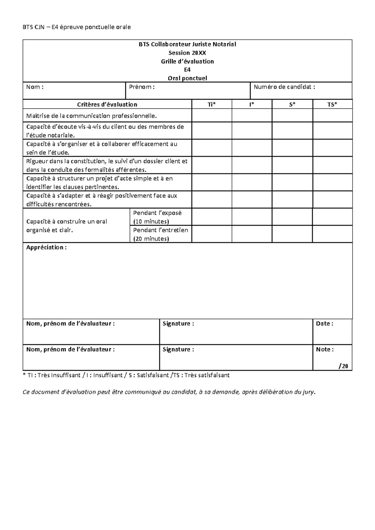 BTS CJN E4 Oral Evaluation Grid for National Exam Session 20XX - Studocu