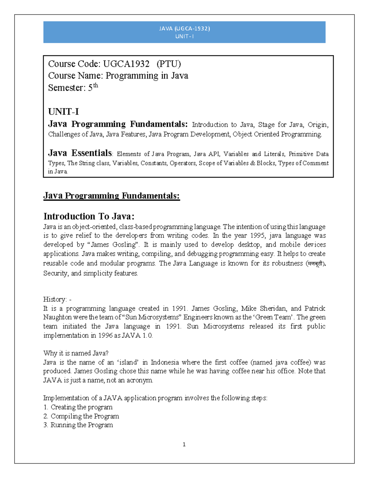 Java Programming Fundamentals Notes - UNIT-I (UGCA1932) - Studocu