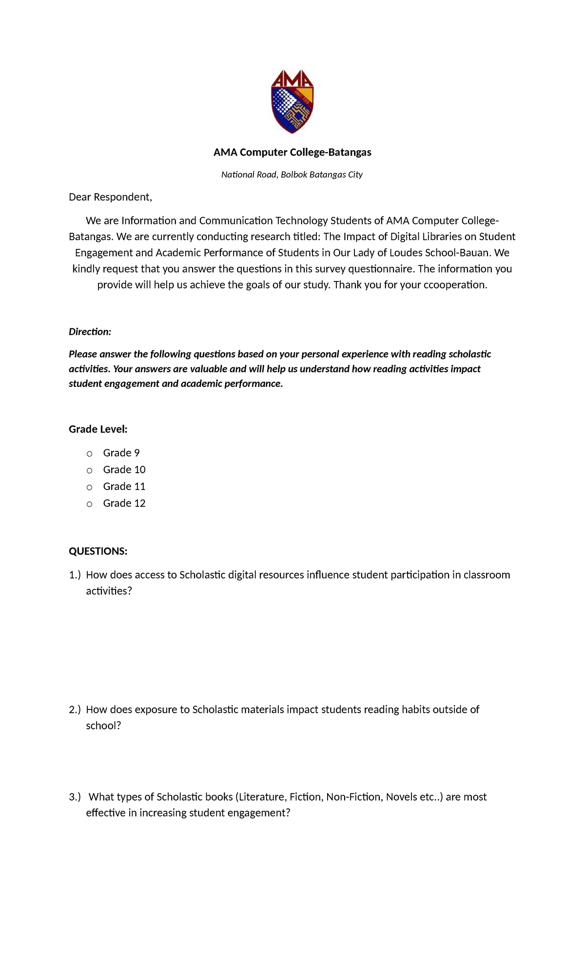 Ollsb - Questionnaire on Digital Libraries & Student Engagement - Studocu