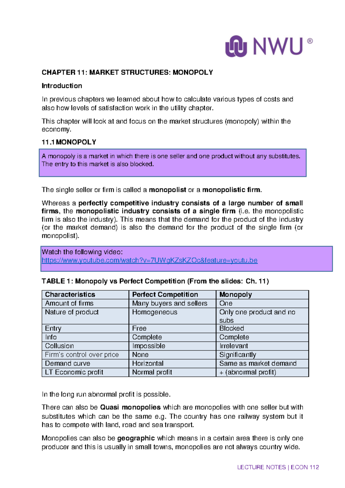 ECON 112 Chapter 11 Lecture Notes: Understanding Monopoly Market ...