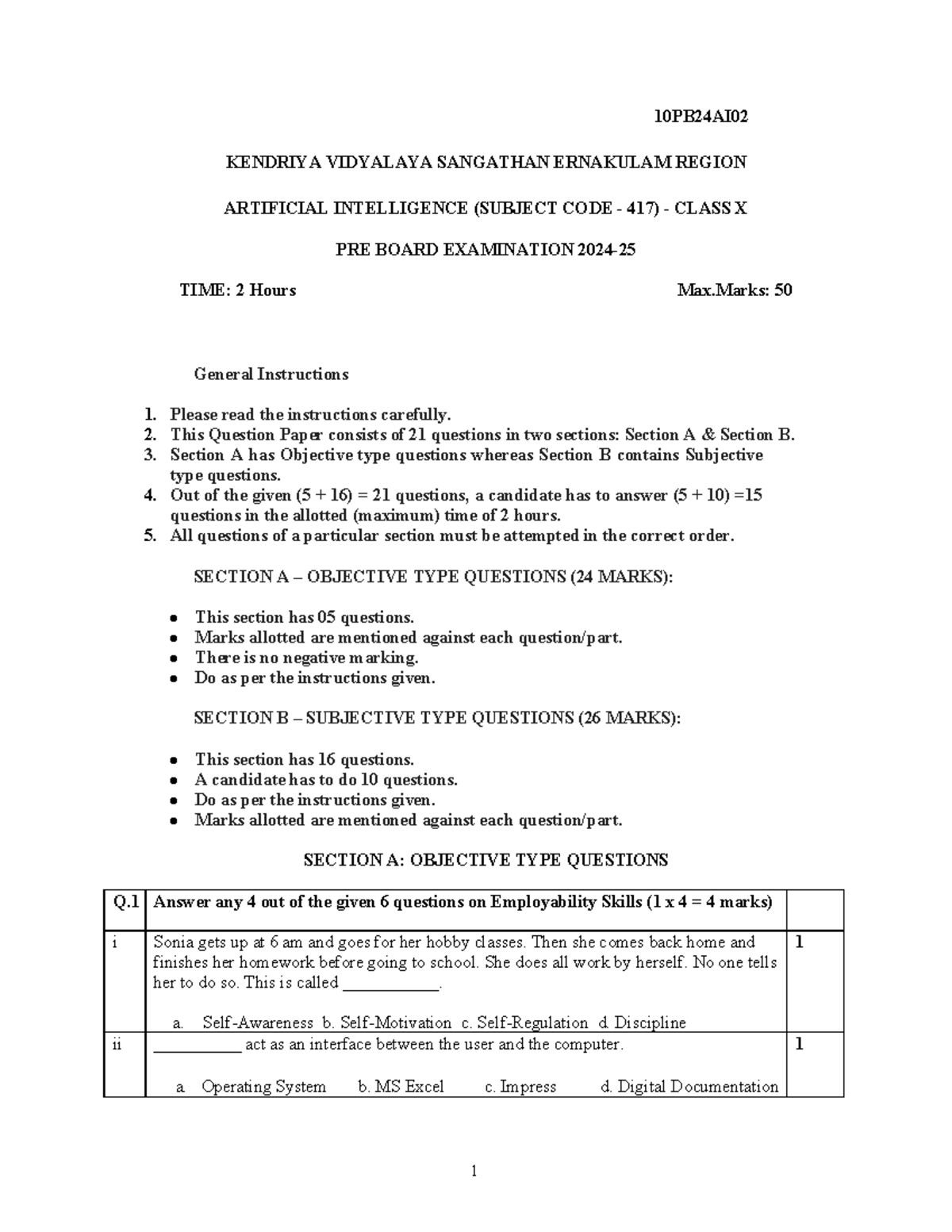10PB24AI02 Class X Pre Board Exam: Artificial Intelligence QP - Studocu