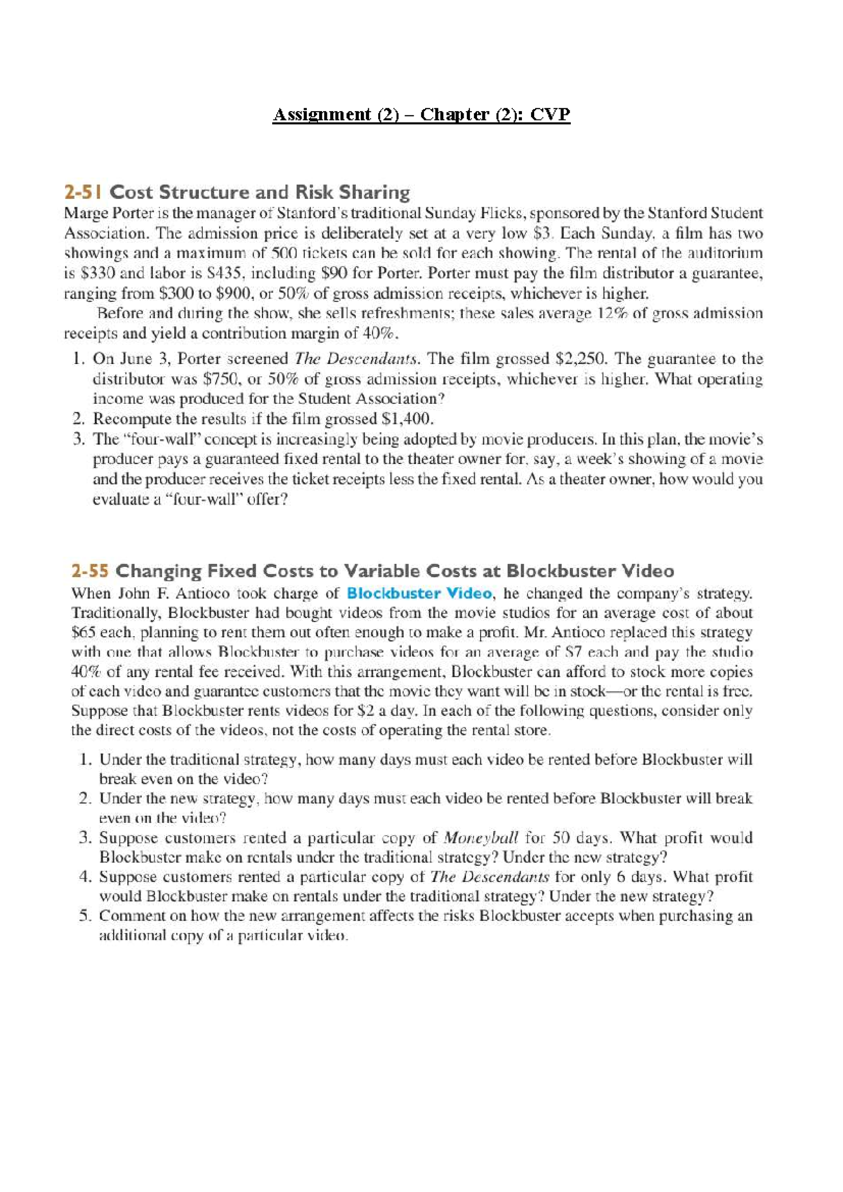 Assignment 2 - Chapter 2: CVP Cost Structure & Risk Analysis - Studocu