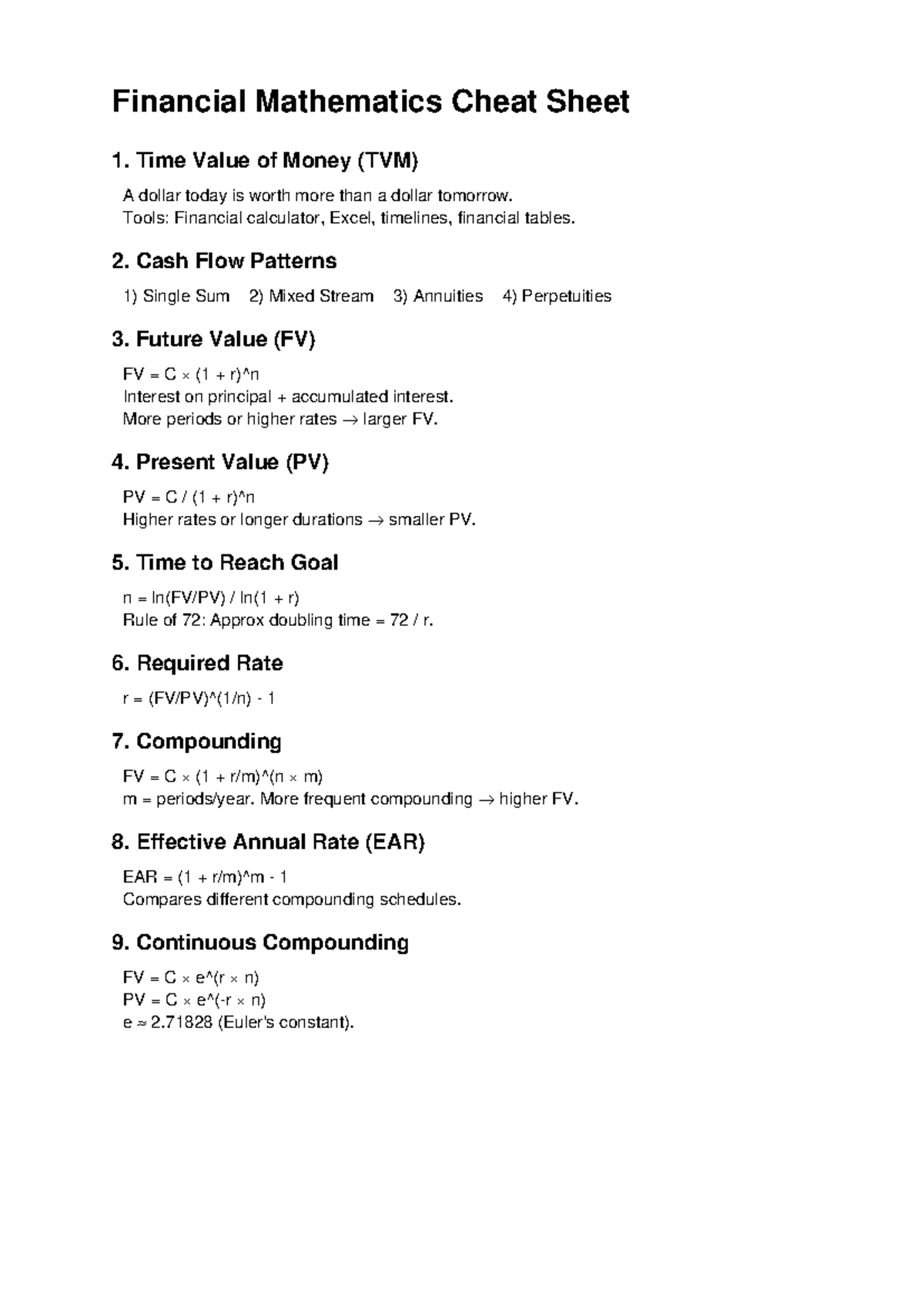 Financial Mathematics Cheat Sheet: Key Concepts & Formulas - Studocu