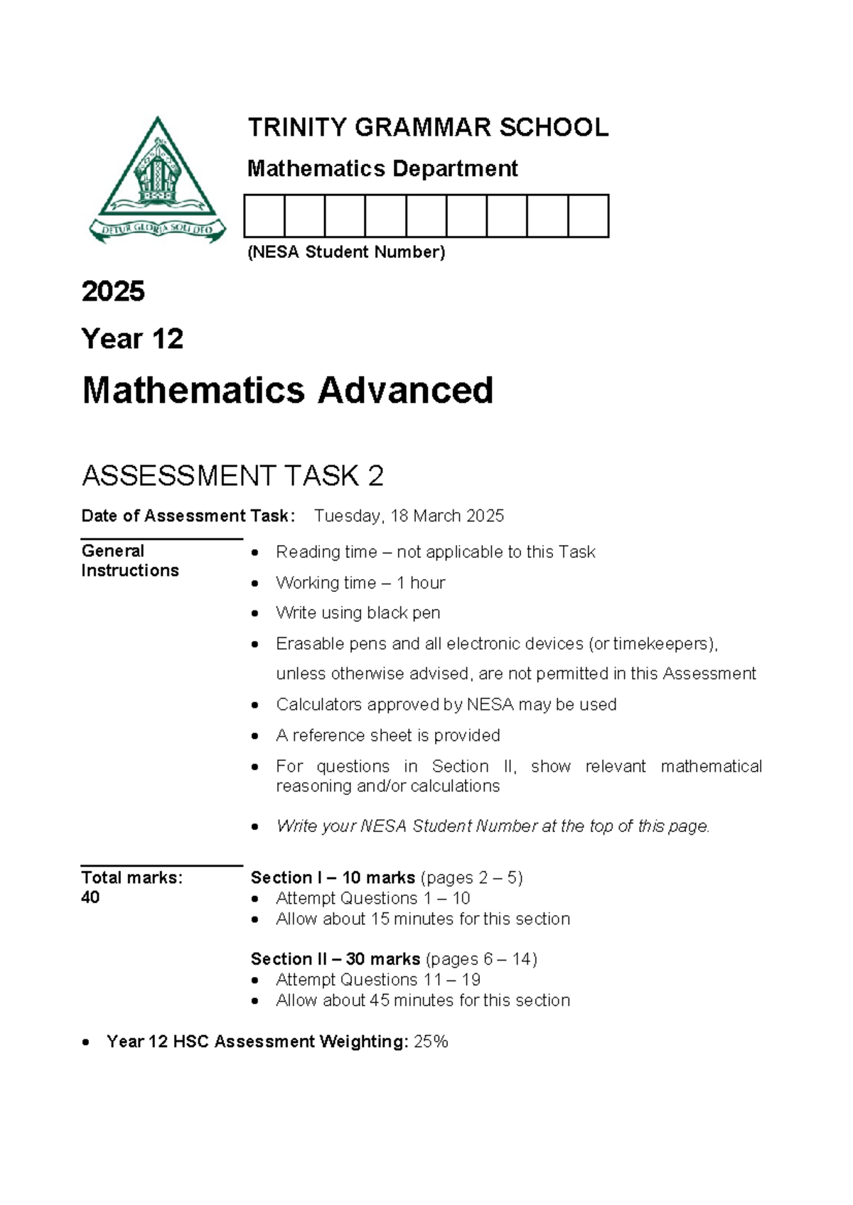 2025 Year 12 Mathematics Advanced Assessment Task 2 - Studocu