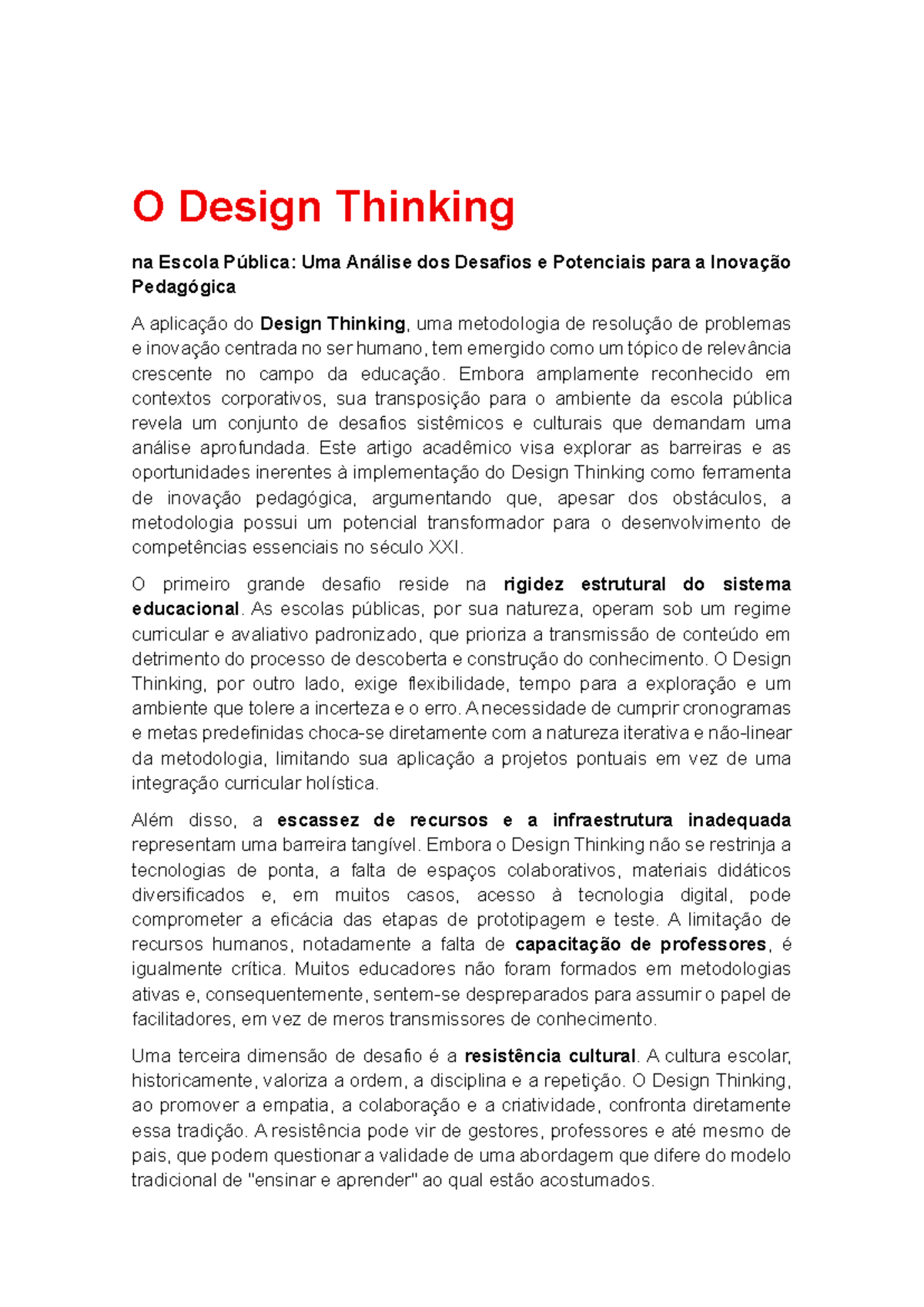 O Design Thinking na Educação: Desafios e Oportunidades - Studocu