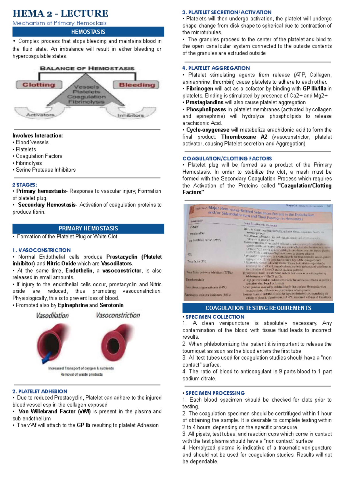 HEMA 2 LECTURE: Mechanism of Primary Hemostasis Explained - Studocu
