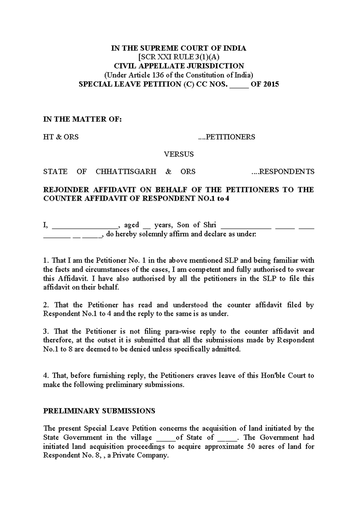 Rejoinder Affidavit Format Against Counter Affidavit in SLP (C) 2015 ...