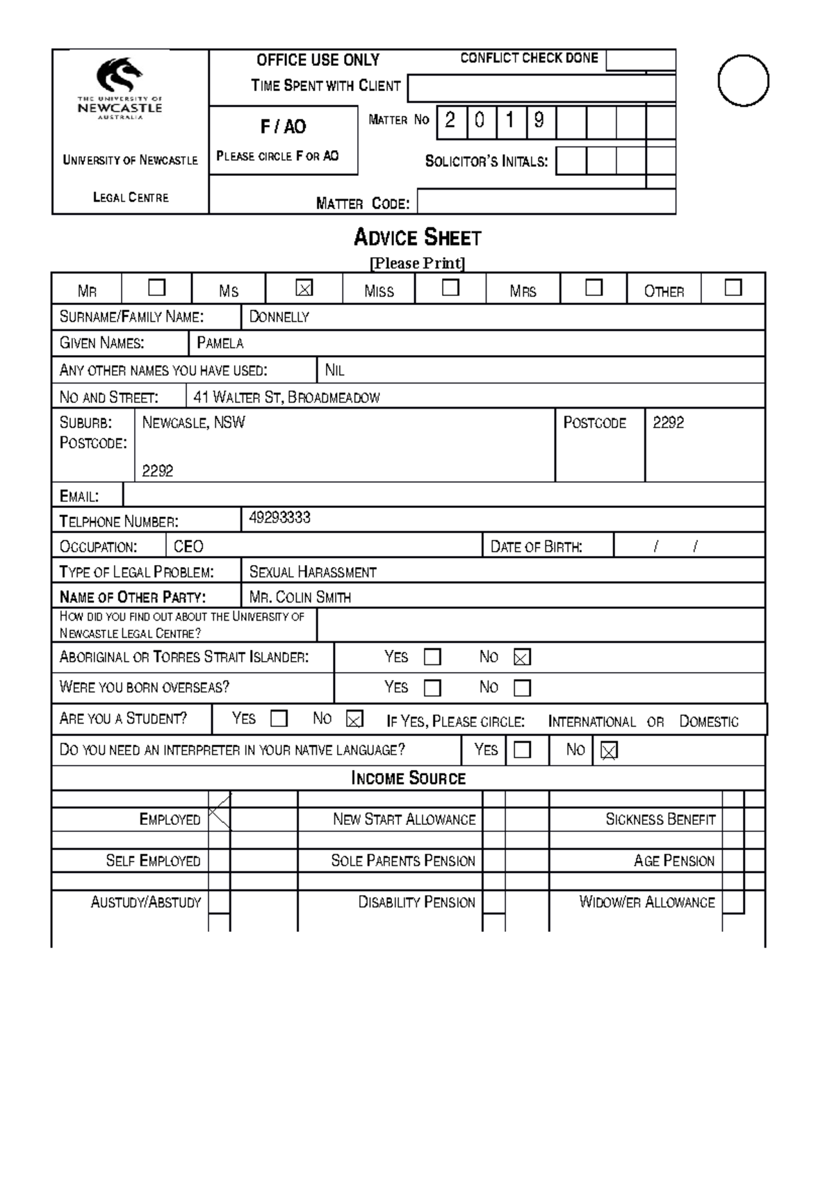 Client File Advice Sheet - CONFLICT CHECK DONE OFFICE USE ONLY TIME ...