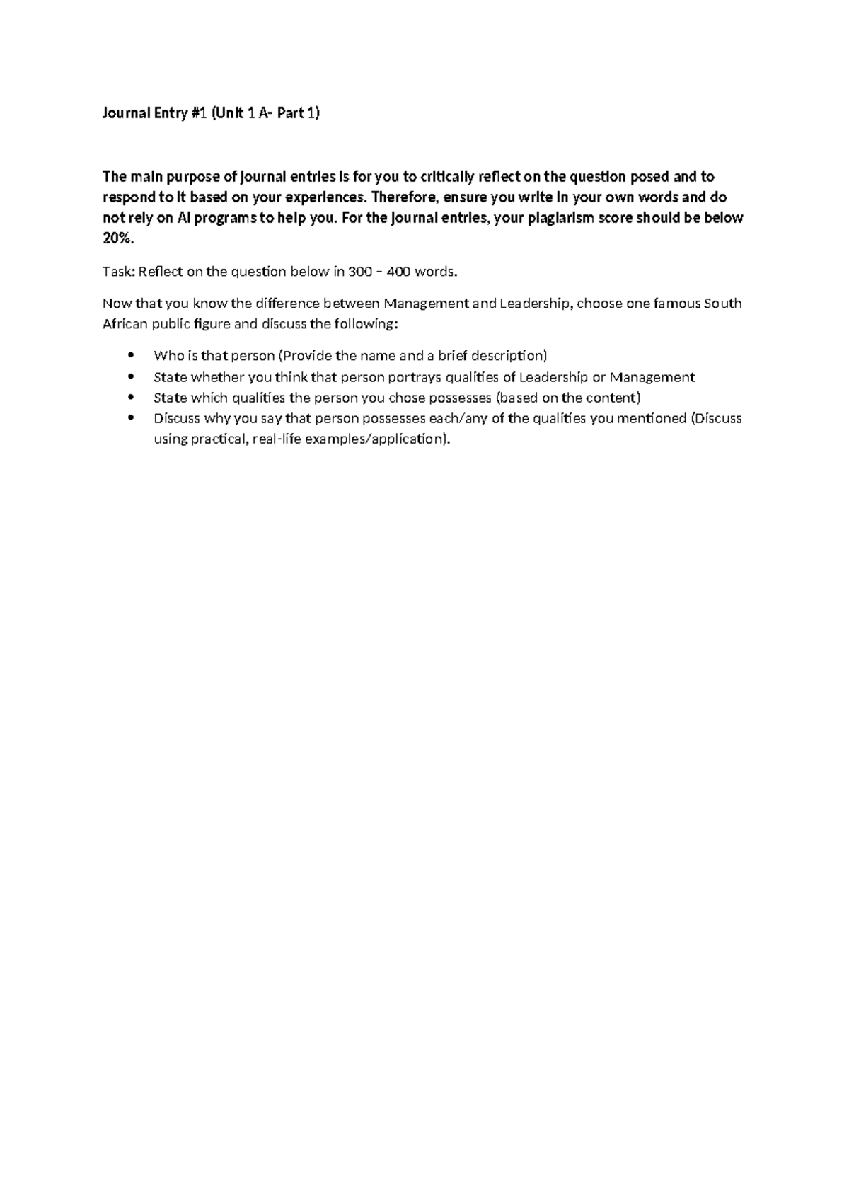 Unit 1 A: Journal Entry #1 Reflecting on Management vs. Leadership ...