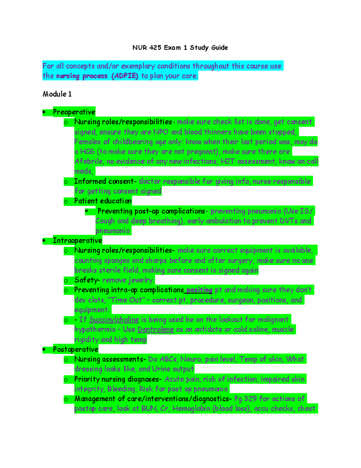 NUR 425 Exam 1 Comprehensive Study Guide and Nursing Principles - Studocu