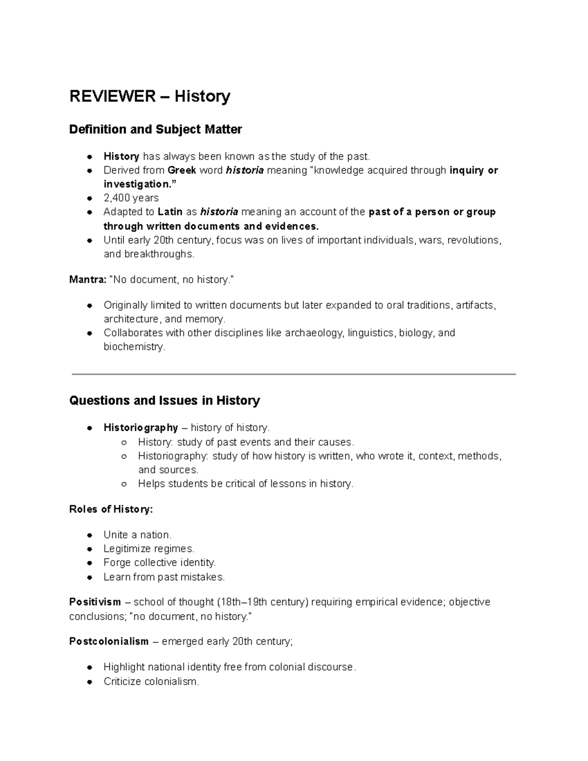 HIST 201: Lecture Notes on History Definition and Subject Matter - Studocu