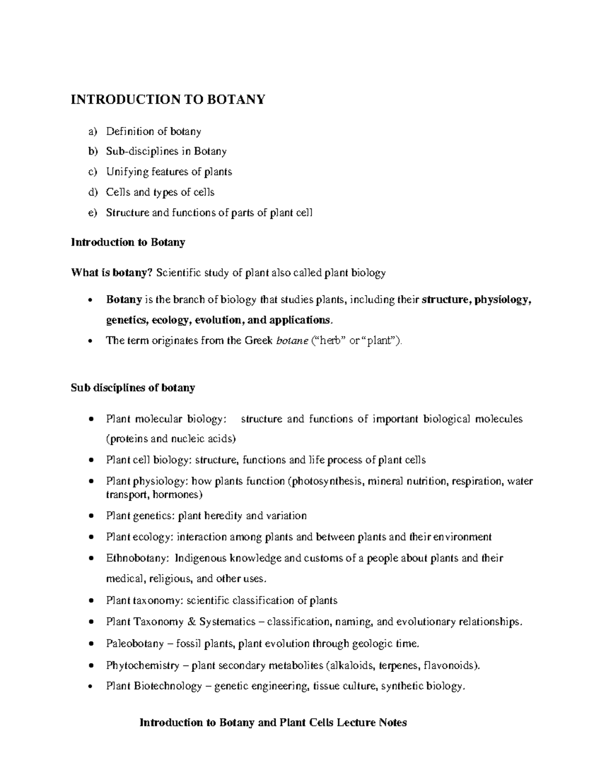 BOTA 111 Introduction to Botany and Plant Cells Lecture Notes - Studocu