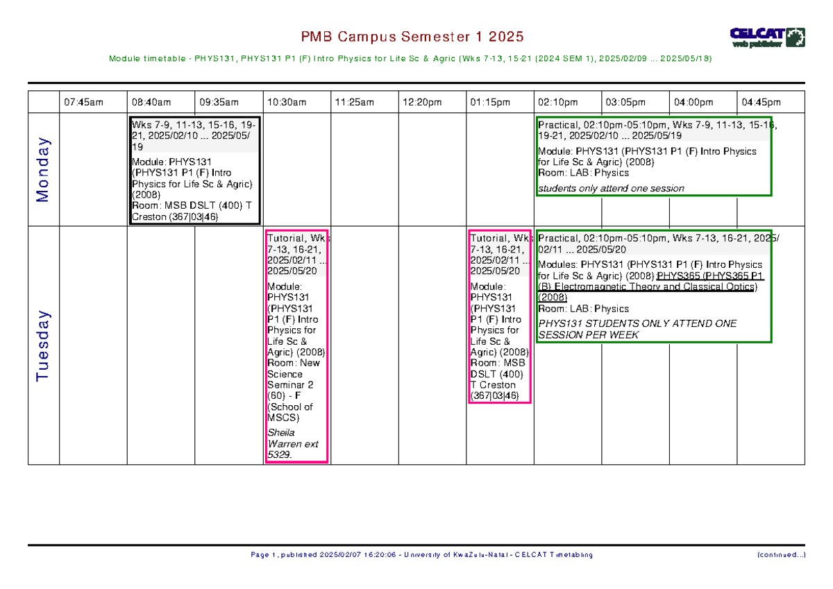 PHYS131 Semester 1 2025 Module Timetable & Topics Overview - Studocu