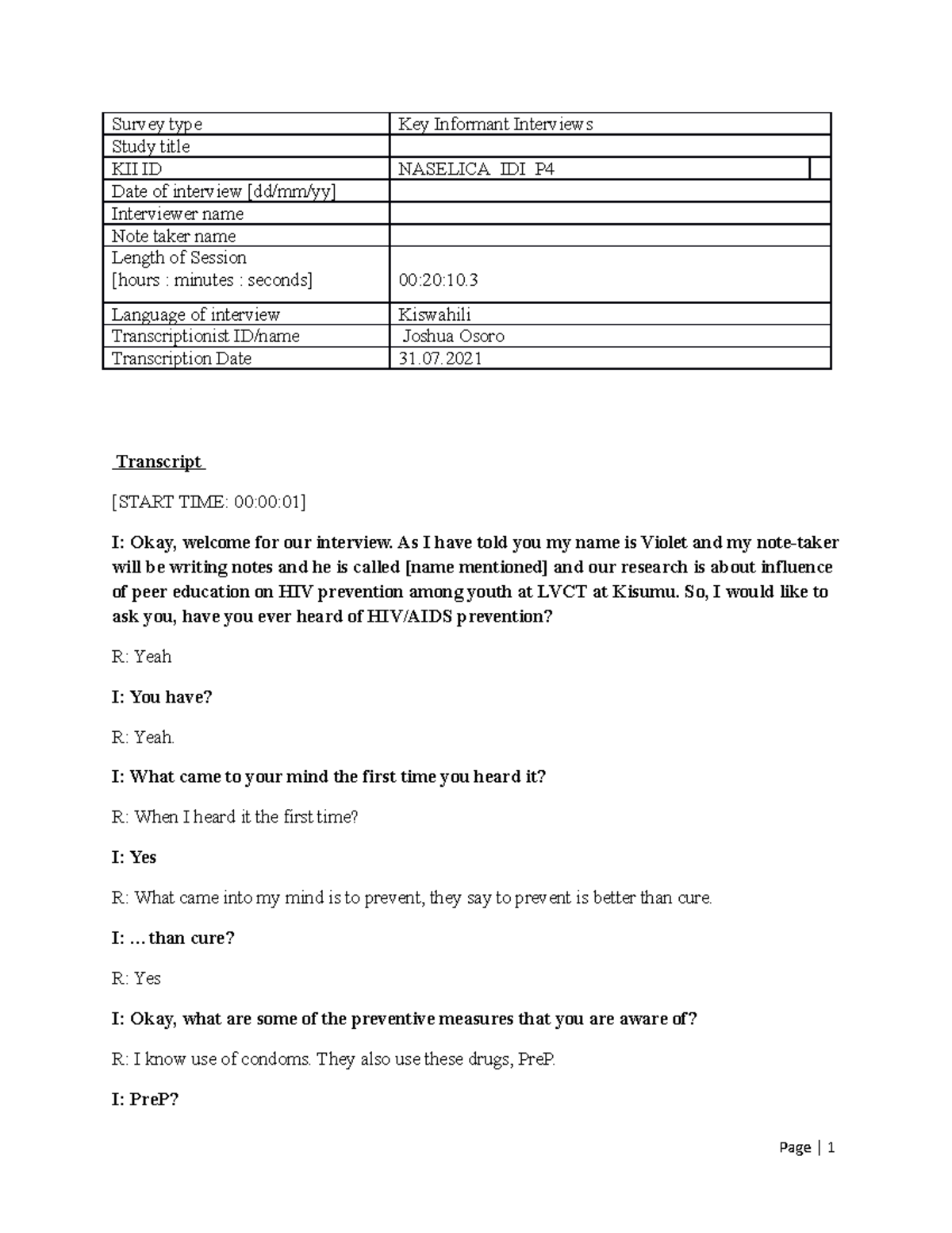 NASELICA_IDI_P4 - Key Informant Interview Notes on HIV Prevention - Studocu