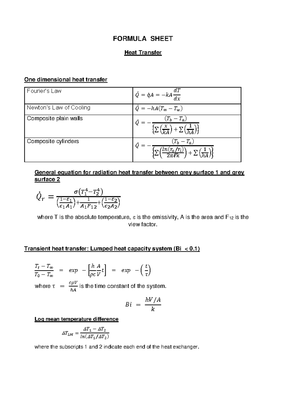 ENGR 315: Heat Transfer & Fluid Mechanics Formula Sheet - Studocu