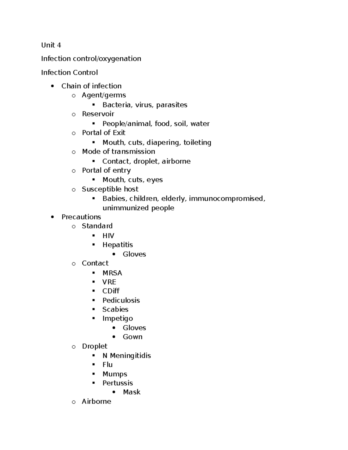 Unit 4 notes- infection control/oxygenation - Unit 4 Infection control ...