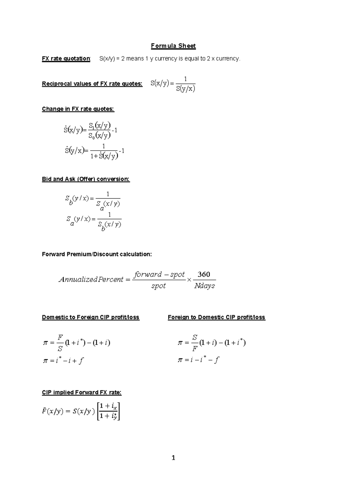 Formula Sheet for FX Rate Quotation - Final Exam 2025 - Studocu