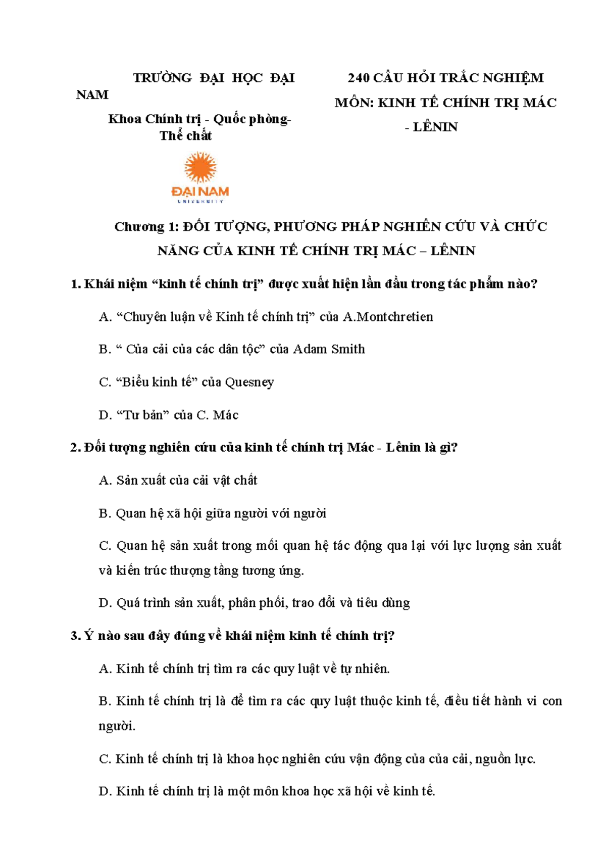 KTCT 240 CÂU HỎI TRẮC NGHIỆM MÔN KINH TẾ CHÍNH TRỊ MÁC LÊNIN - Document Preview