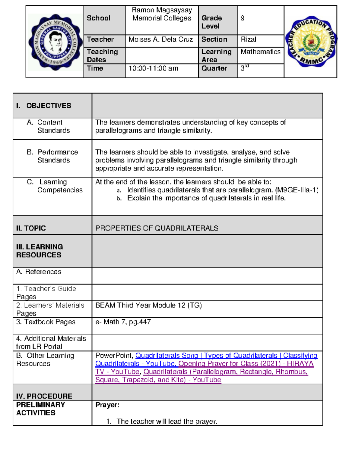 Semi-Detailed Lesson Plan on Quadrilaterals (Math 9) - Studocu