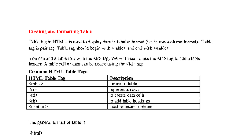 Web Dev - HTML Table Creation & Formatting Guide - Studocu