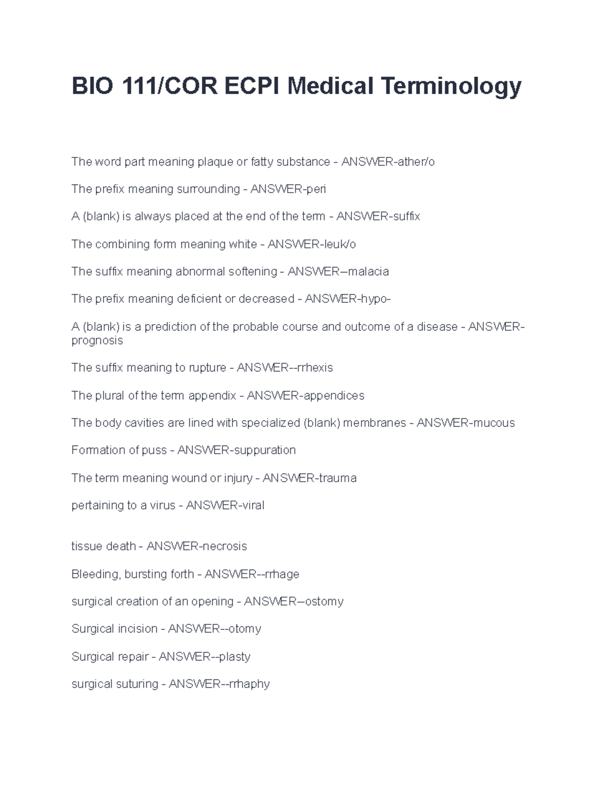 BIO 111 COR ECPI Medical Terminology Study Guide - Studocu