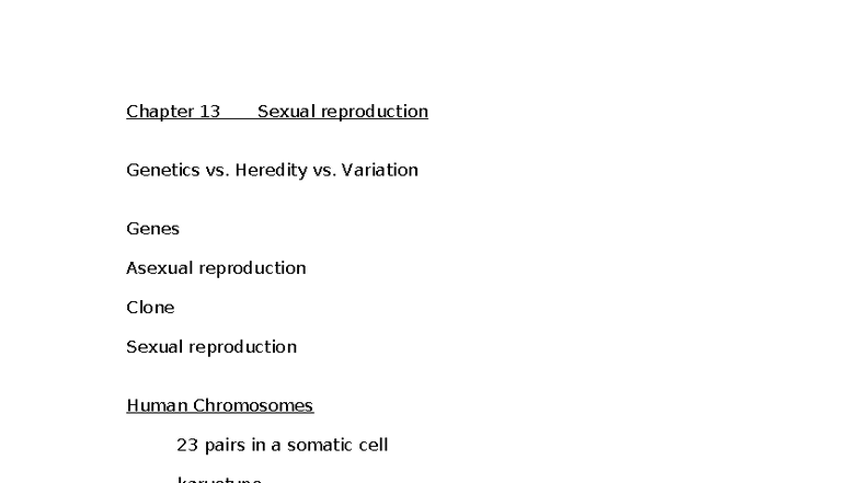 Chapter 13 Outline: Sexual Reproduction, Genetics & Meiosis - Studocu