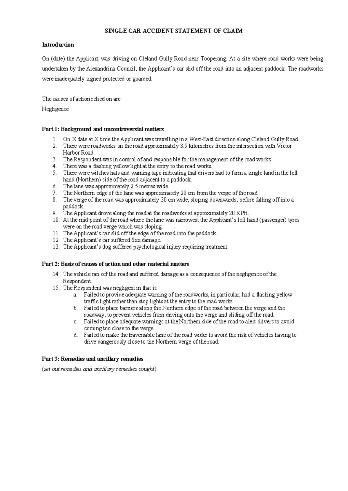 Single Car Accident Claim - Negligence Statement Report - Studocu