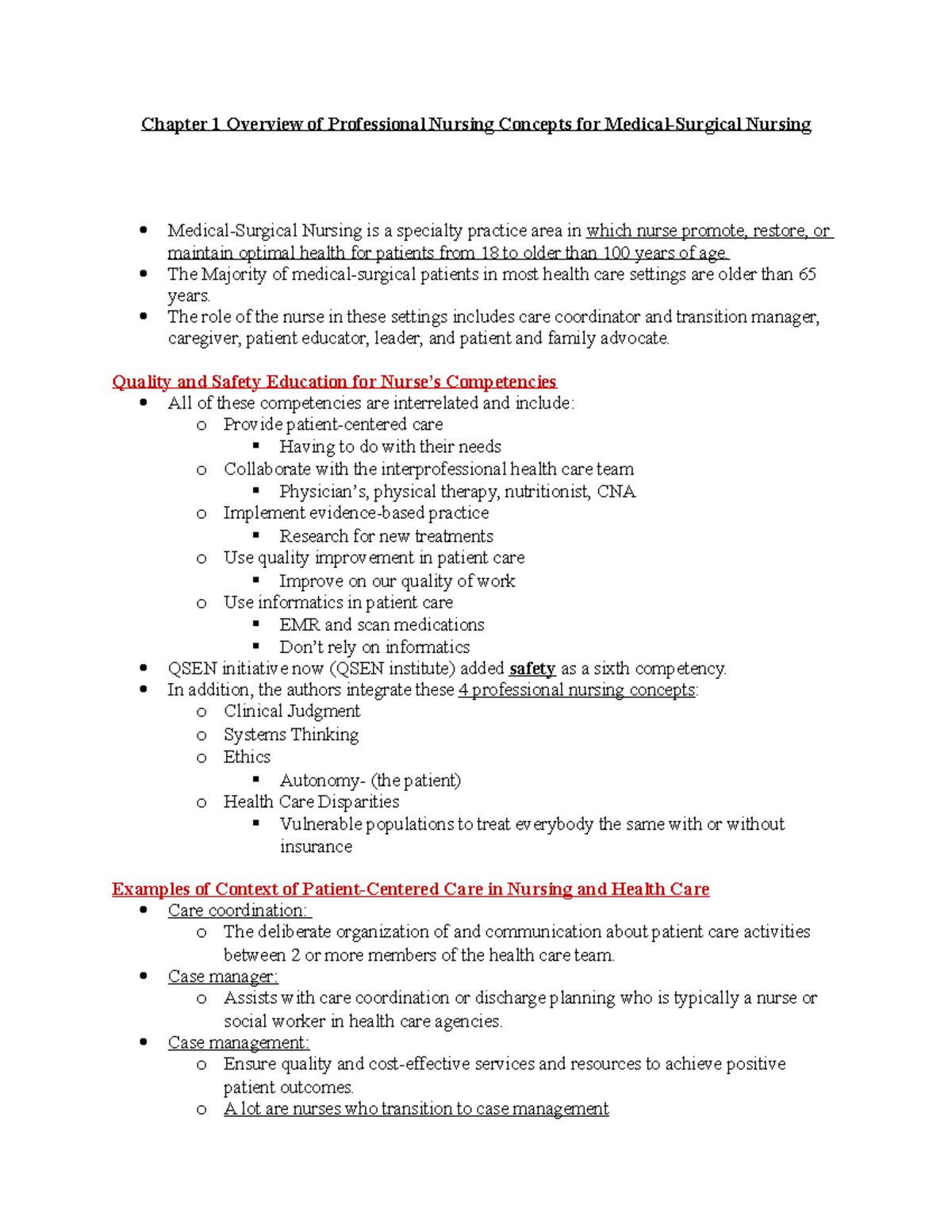 Chapter 1: Med-Surg Nursing Concepts and Care Coordination - Studocu