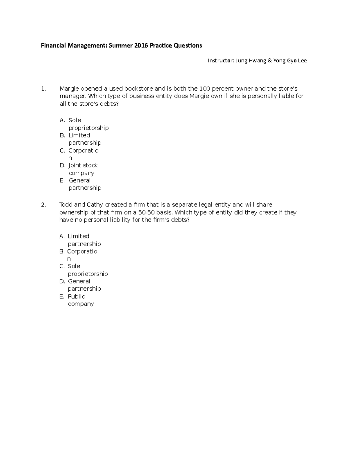 Financial Management Practice Questions - Financial Management: Summer ...