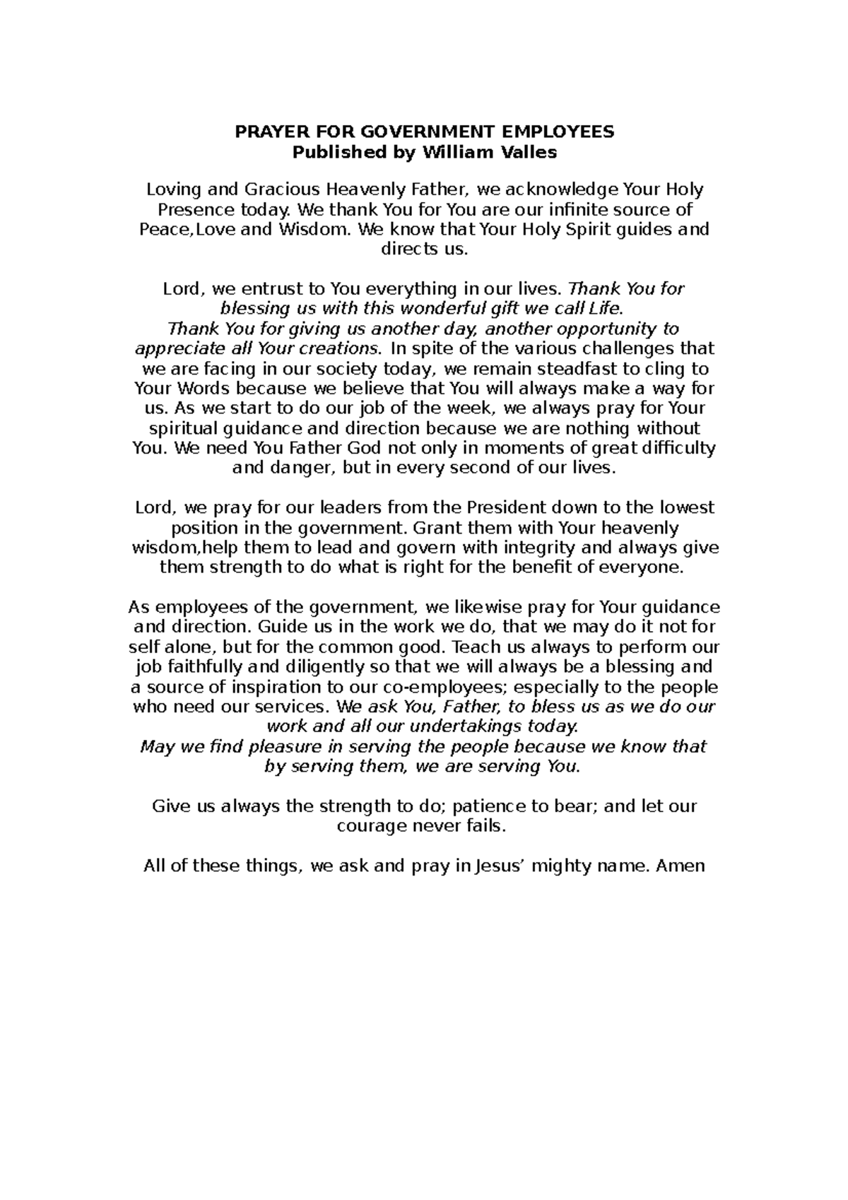 Prayer for Government Employees: A Guided Reflection - Studocu
