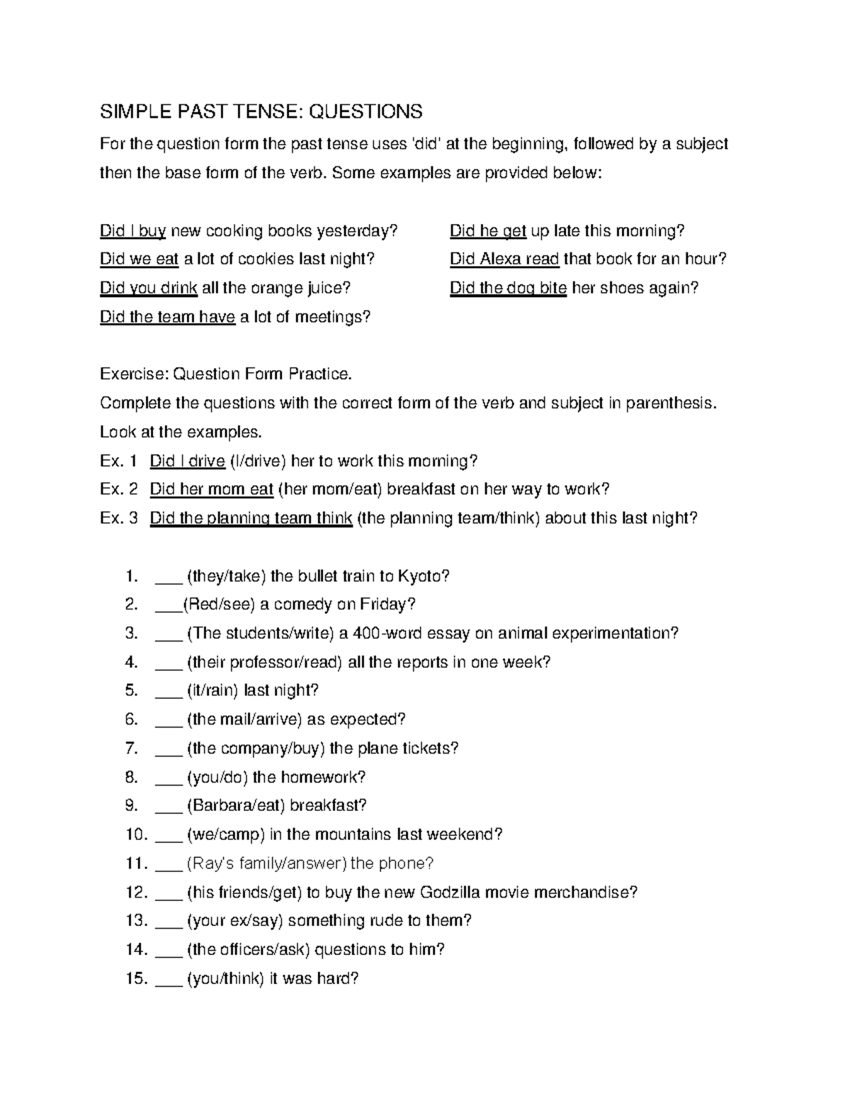 16. Simple Past Tense: Forming Questions & Practice Exercises - Studocu