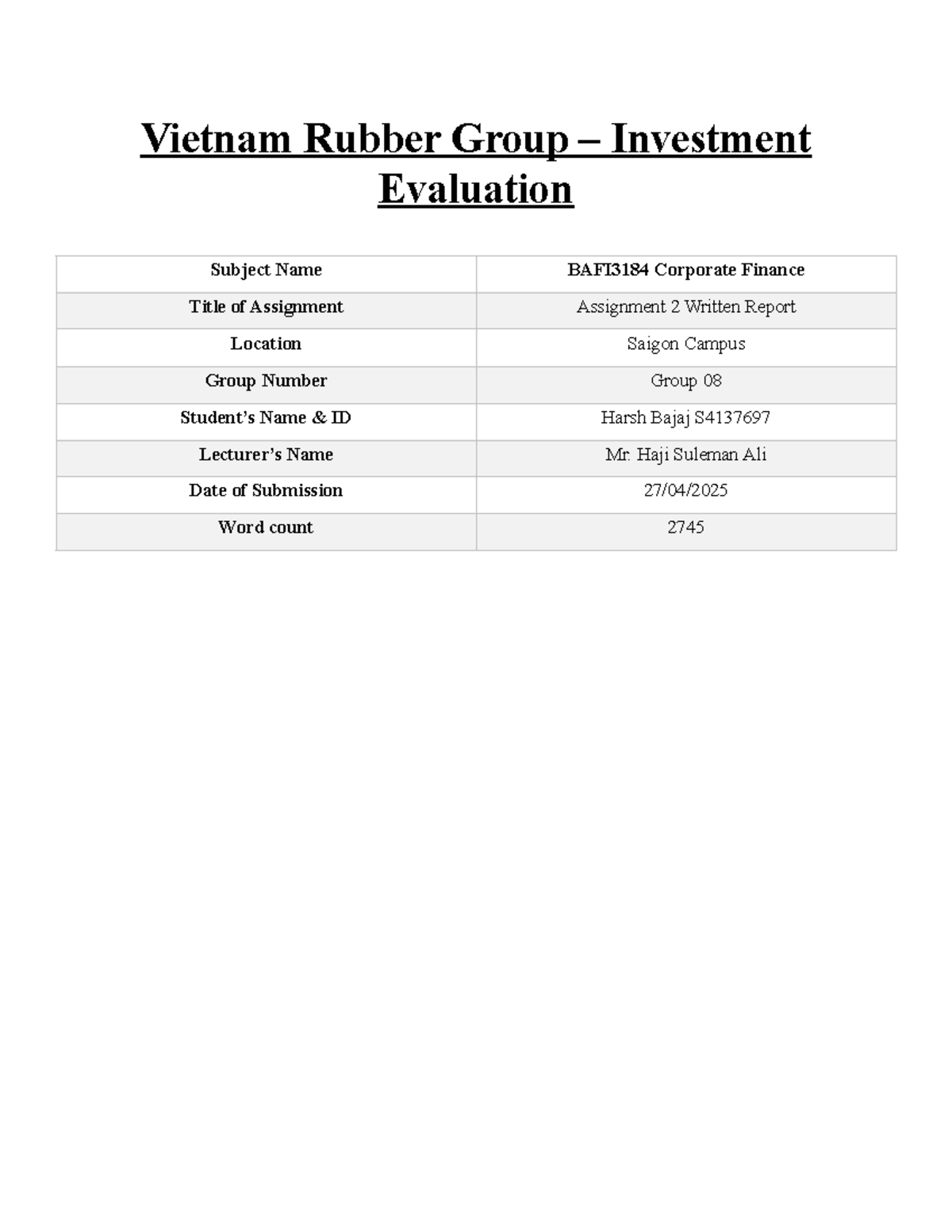 BAFI3184 Assignment 2: Investment Evaluation of Vietnam Rubber Group ...