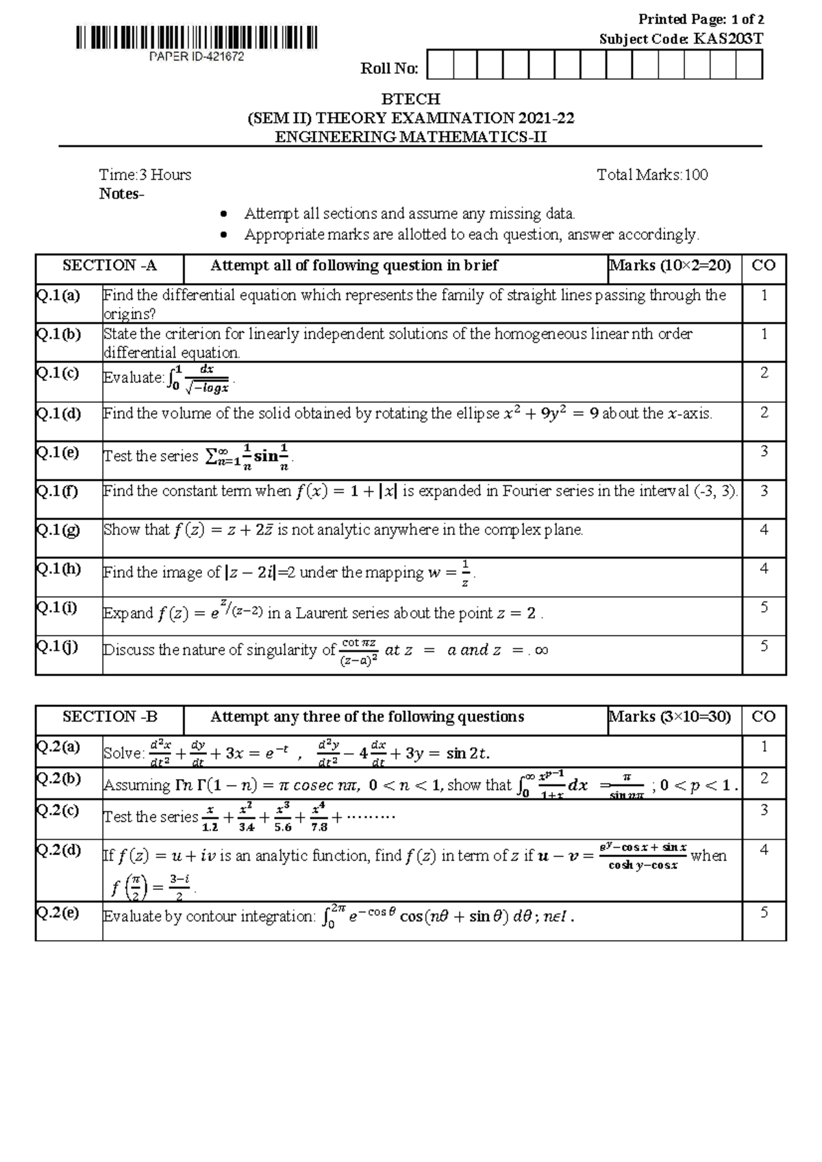 BTECH SEM II Engineering Mathematics II KAS203T Exam Paper 2022 - Studocu