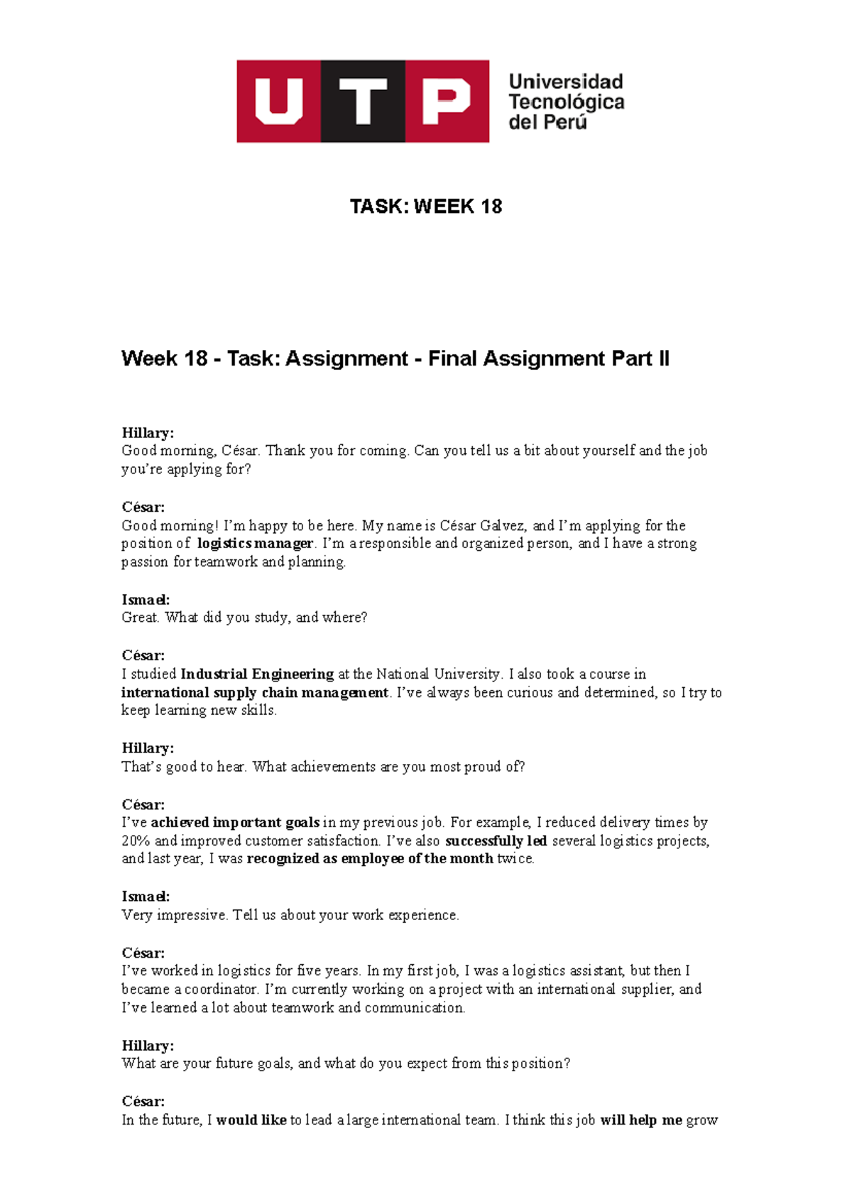 WEEK 18 - INGLES, FINAL ASSIGNMENT PART II - Studocu