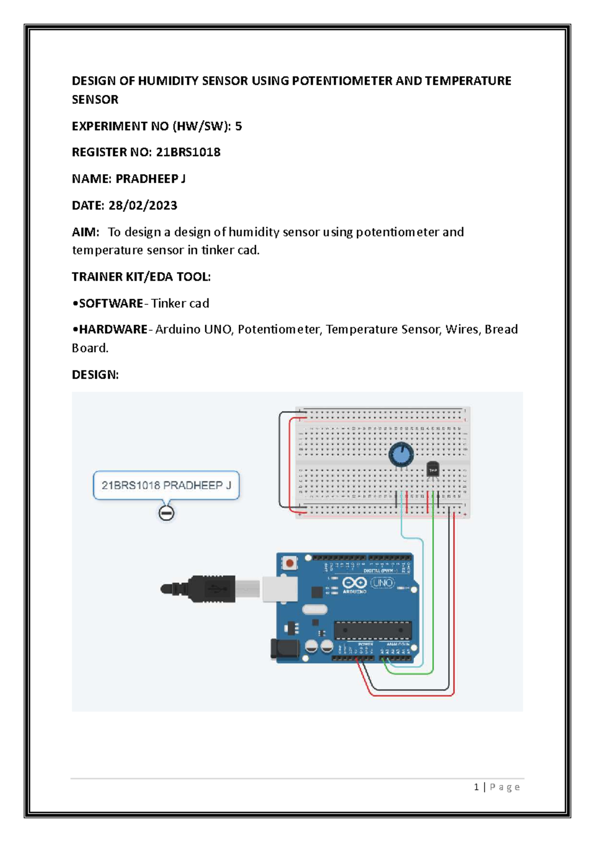 21BRS1018 EXP5 Design of Humidity Sensor with Potentiometer - Studocu