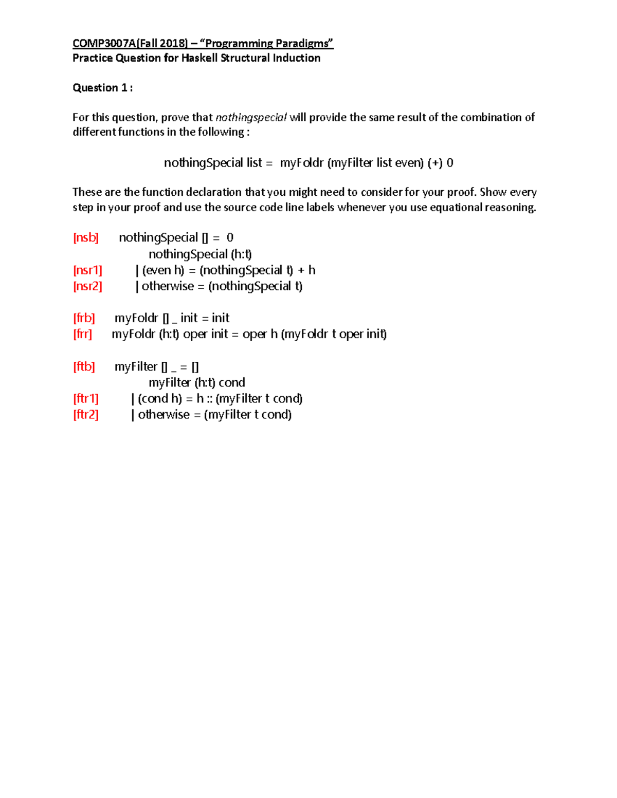 COMP3007A(Fall 2018) - Haskell Structural Induction Practice Questions ...