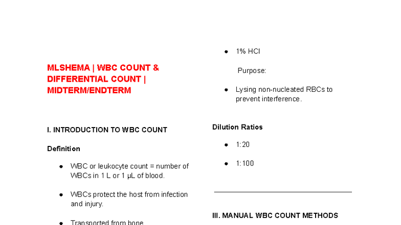 MLSHEMA WBC Count & Differential Count Midterm Exam Notes - Studocu