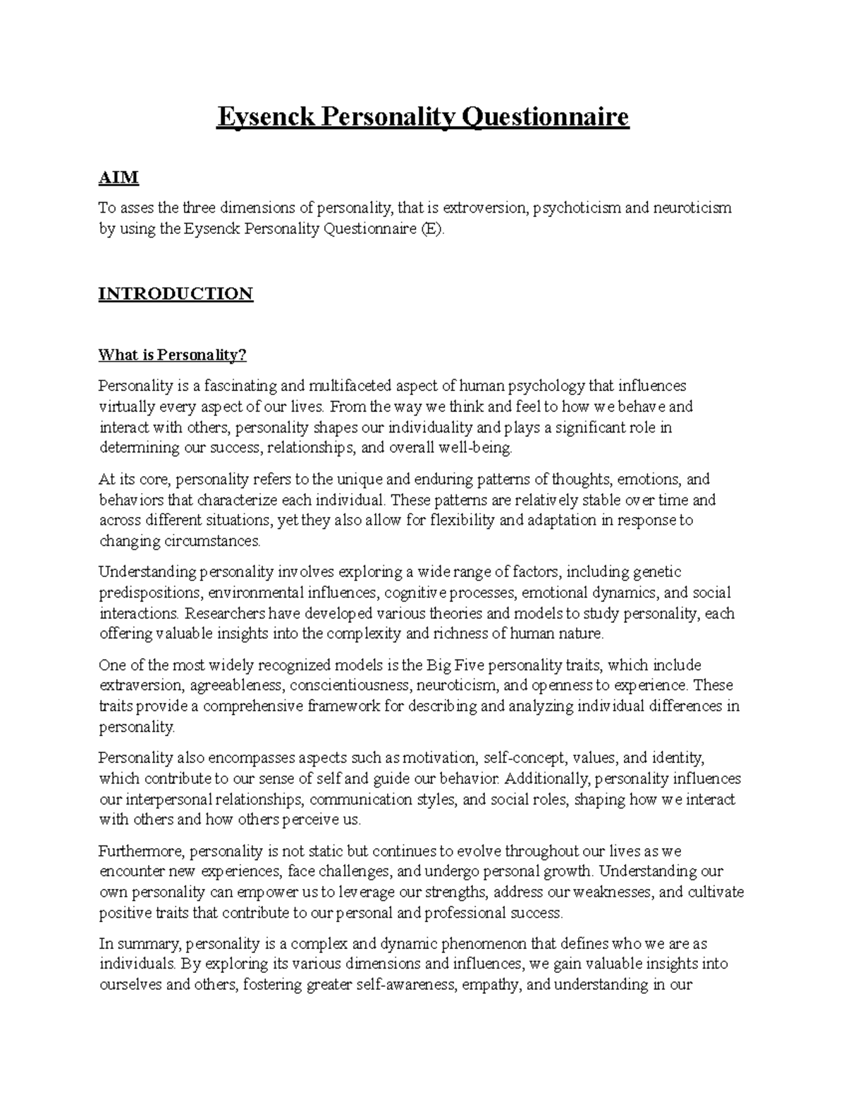 Eysenck Personality Questionnaire Practical 4: Exploring Personality ...