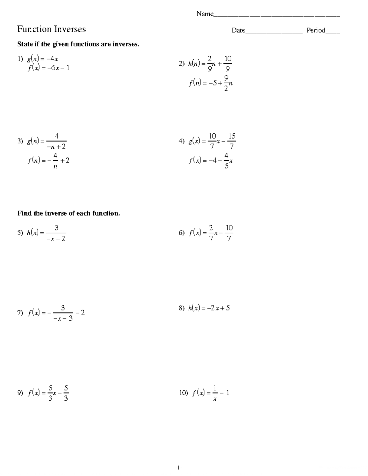 Kuta Software Precalculus Worksheet: Function Inverses Analysis - Studocu