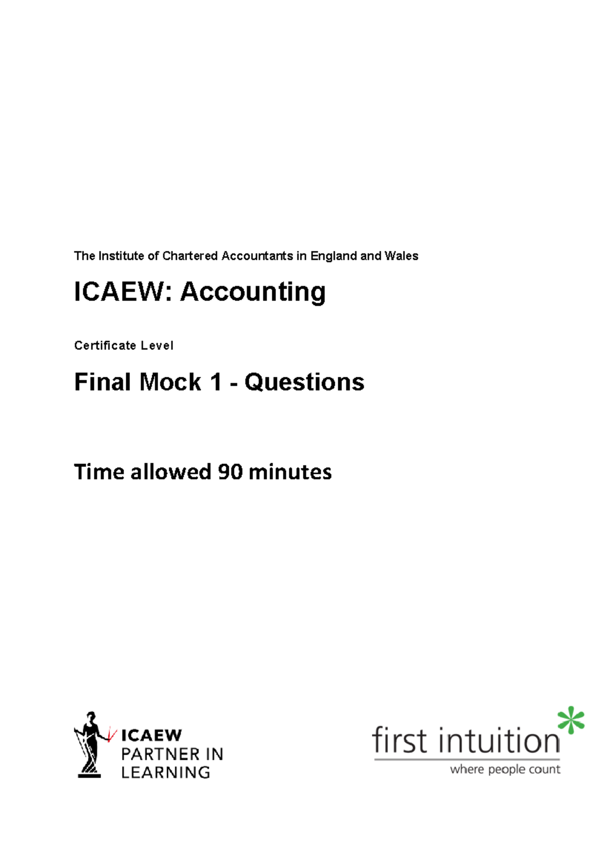 ICAEW Accounting Certificate Level Final Mock 1 Questions 2023 - Studocu
