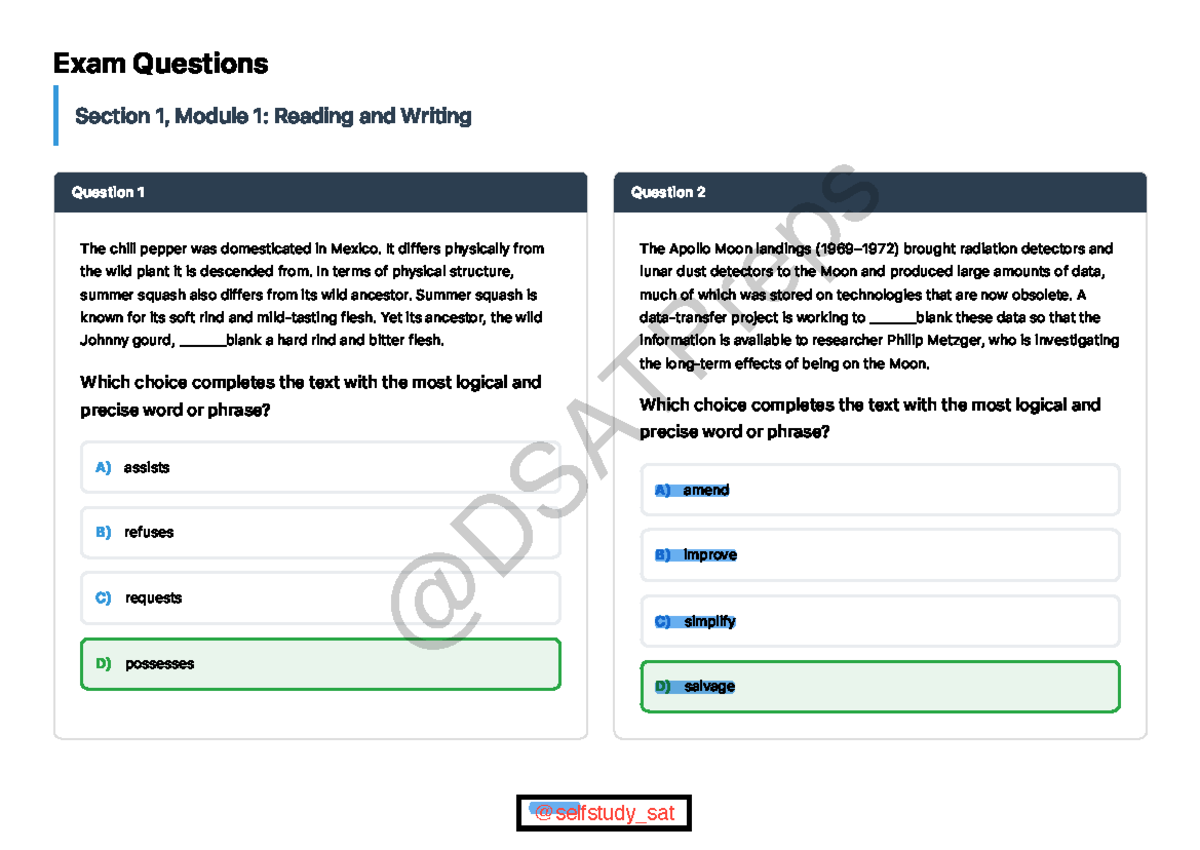 SAT Exam Questions: Reading and Writing, Module 1, August 2025 - Studocu